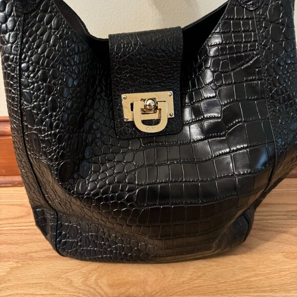 NWT DKNY Black Crocodile Embossed Leather Hobo Bag - Picture 7 of 14